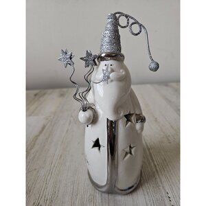 Pier 1 ceramic Santa tea light candle holder glitter silver star Xmas decor